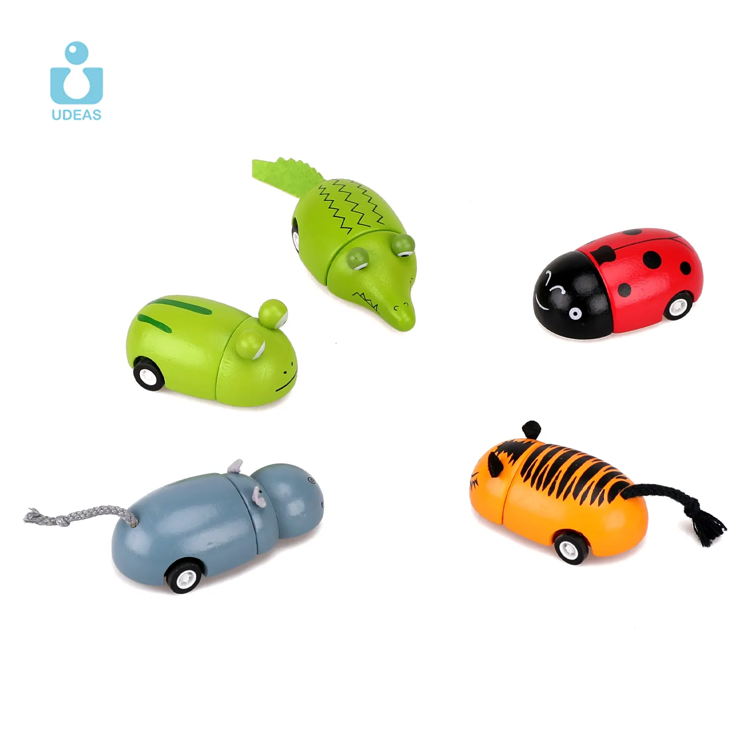 UDEAS 2023 Nouveau Offre Spéciale Petite capsule de dessin animé Jouets en gros en bois Animal Pull Back Toy Car