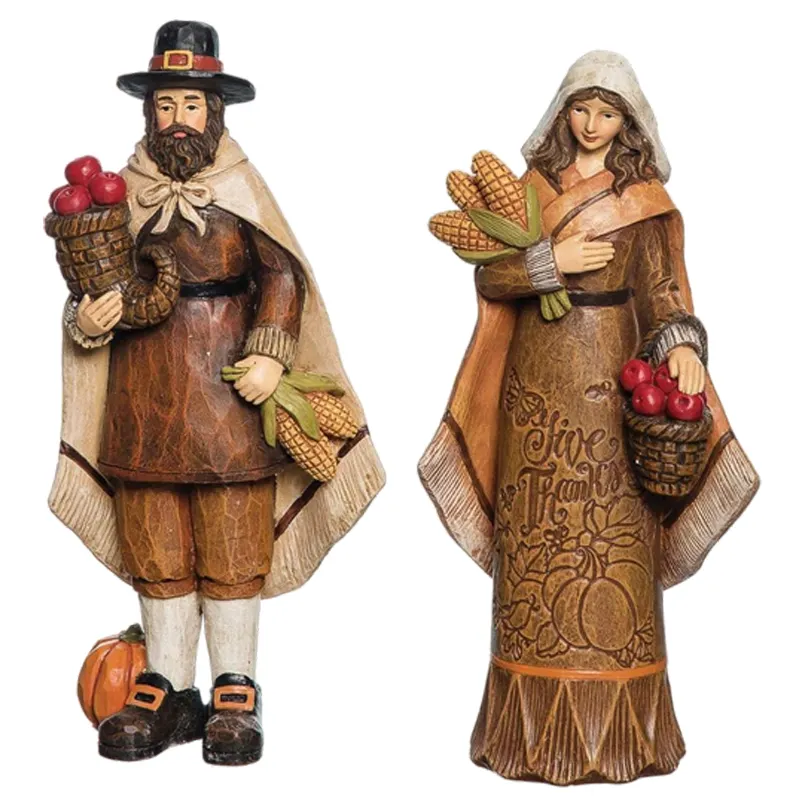 Grosir Hadiah Thanksgiving Buatan Tangan, Dekorasi Meja Rumah Panen Musim Gugur Mr.Mrs. Figure Set Resin Pasangan Pilgrim Figurine