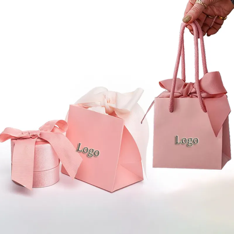 Impresso personalizado seu próprio logotipo branco rosa joia de papel artesanato saco de papel da compra com fita alças