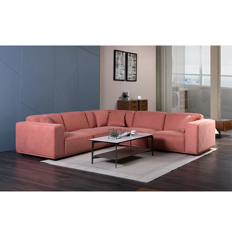 Sofá contemporâneo de linho rosa, 4 assentos para sala de estar
