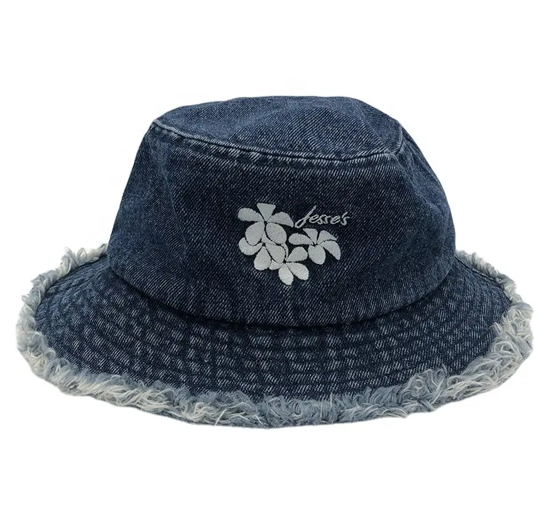 Chapéu de denim lavado feminino, chapéu de balde para mulher de aba larga outono inverno, chapéus de balde bordados, logotipo