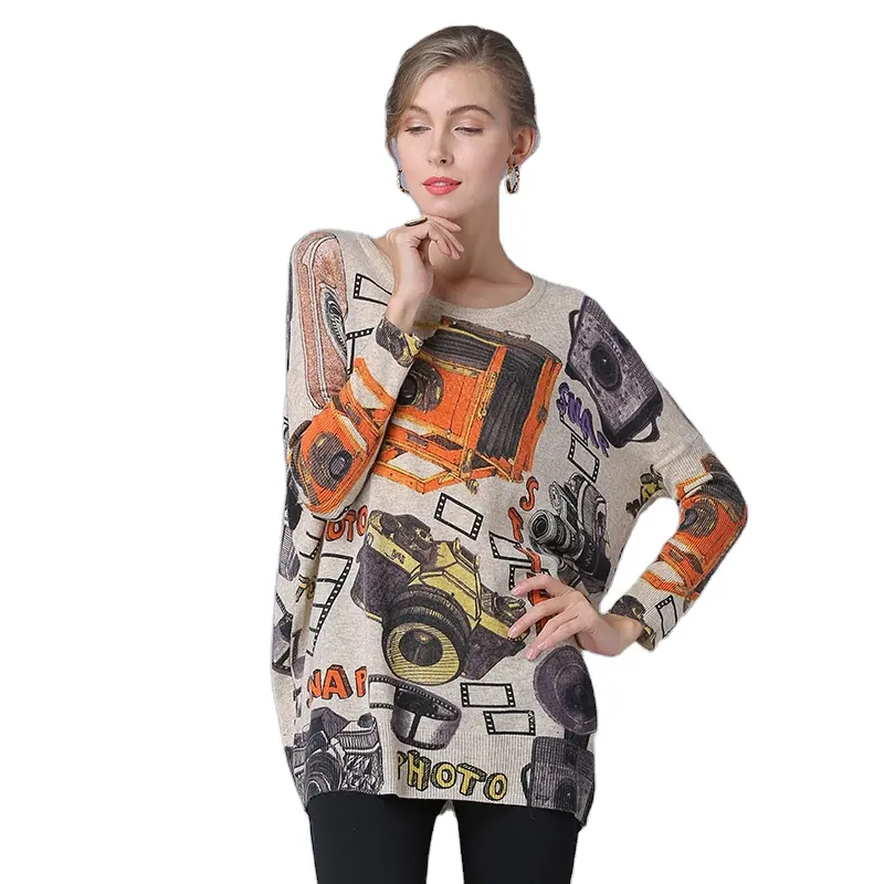 Maglione Pullover con stampa serigrafica per fotocamera a pipistrello Oversize autunnale da donna