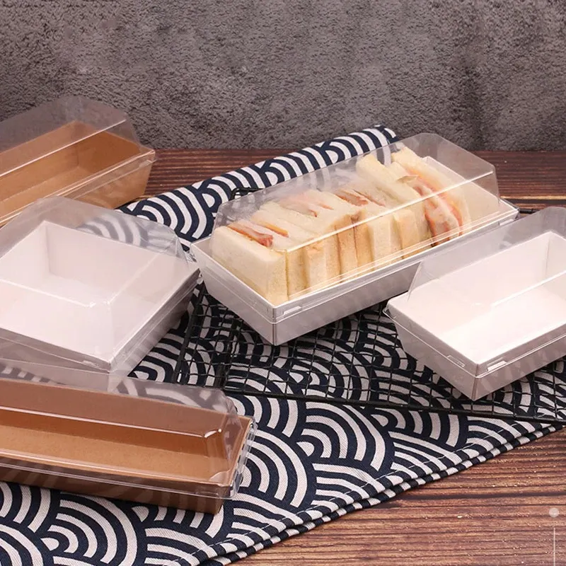 Récipients alimentaires jetables carrés personnalisés, boîtes de charcuterie en papier pour sandwich, gâteau, boulangerie avec couvercles transparents sécurisés