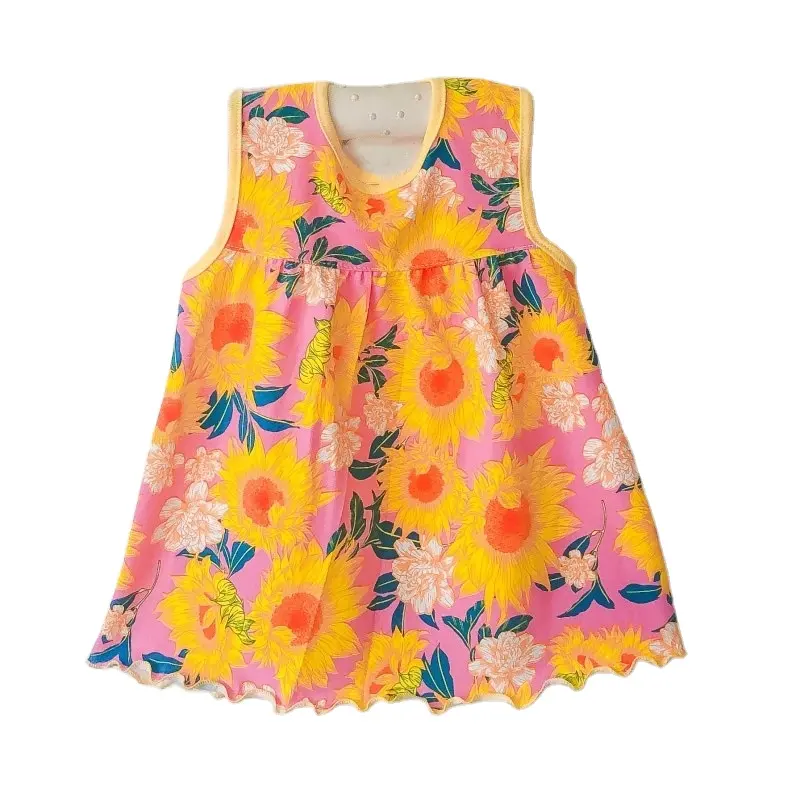 Gaun tanpa lengan bayi perempuan, atasan gaun anak perempuan motif bunga katun musim panas murah 2024
