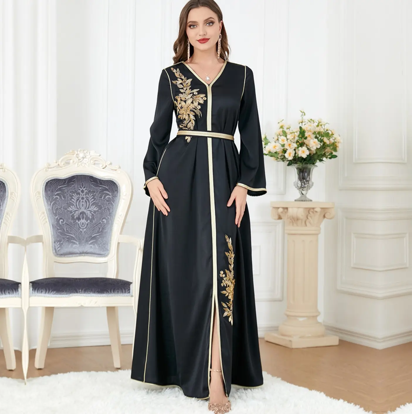 Abaya – robe de soirée à perles pour femme, vêtement islamique, arabe, noir, musulman