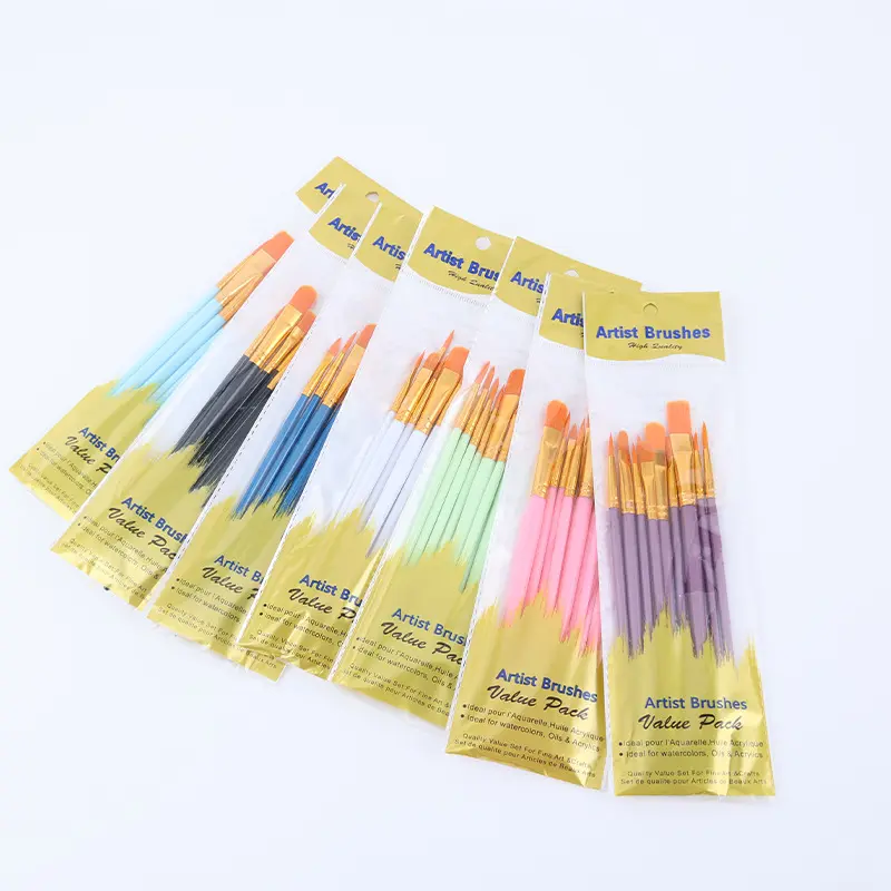 Set di pennelli per capelli in Nylon con manico in plastica multicolore da 10 pezzi per pittura acrilica ad olio per acquerello