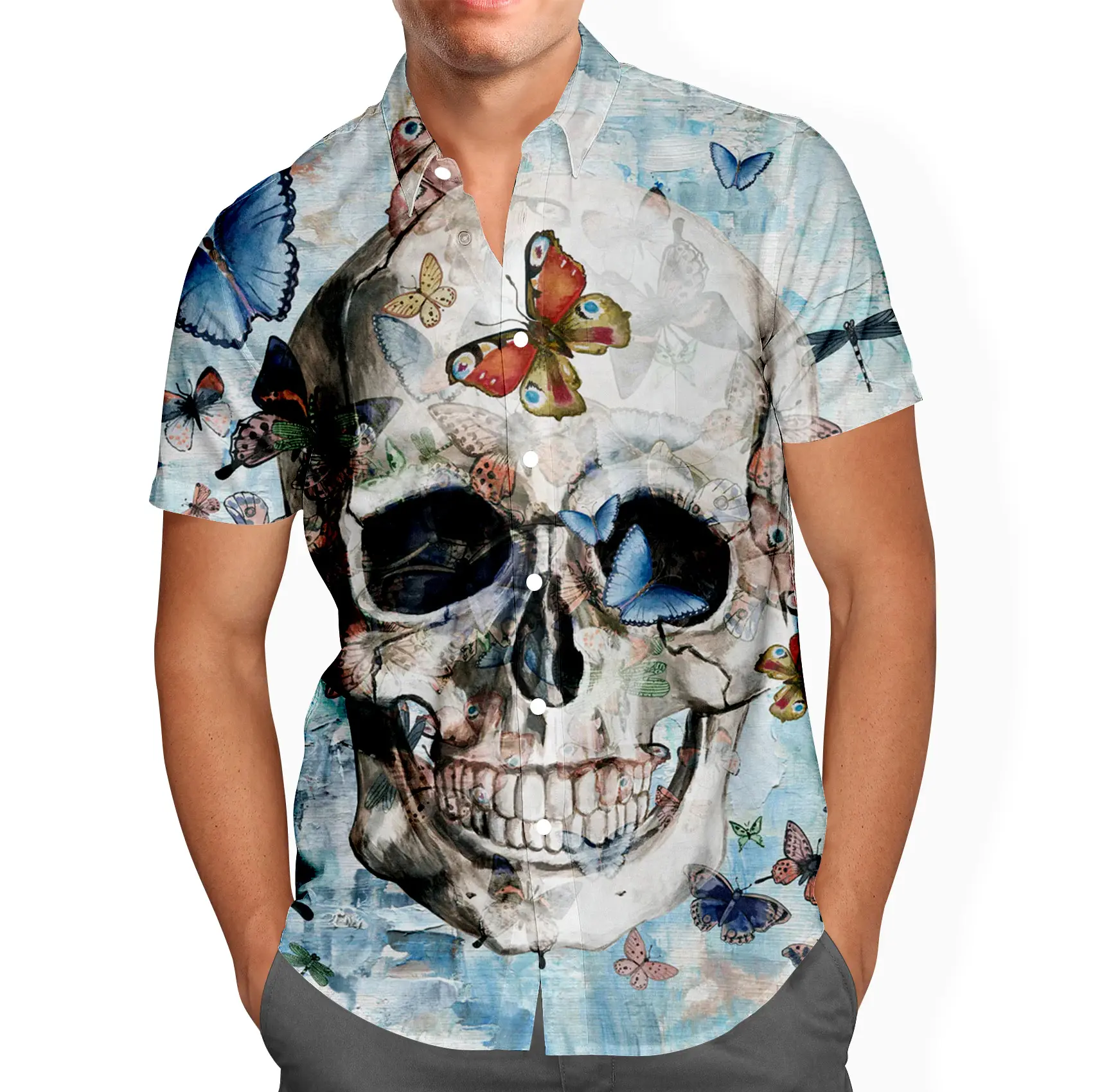 Camisa de caveira masculina Streetwear Roupas masculinas Tops Gótico de manga curta Camiseta retrô fashion com botões