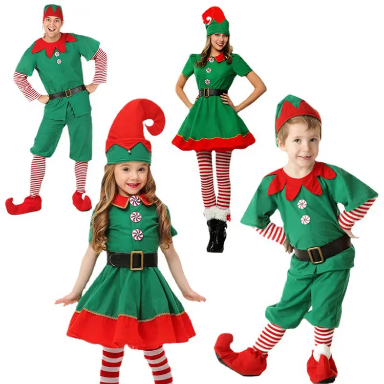 Ropa de elfo navideño familiar, vestido, ropa de elfos verdes, conjunto de disfraces de Navidad para adultos y niños