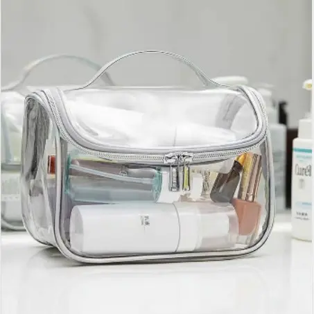 Chiterion Transparent Clear Makeup Lipstick Organizer Pouch Tote Handle Zipper Travel Toiletry Bag Pink Blue PVC Cosmetic Bag