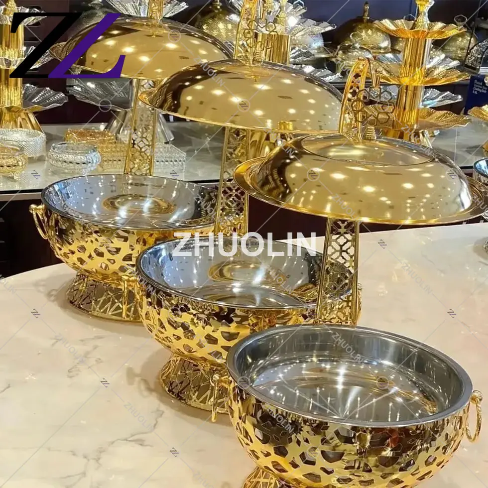 Catering 8 quart arabic calligraphy food warmer display chafing dish buffet set hotel gold chaffing dishes with hanging lids