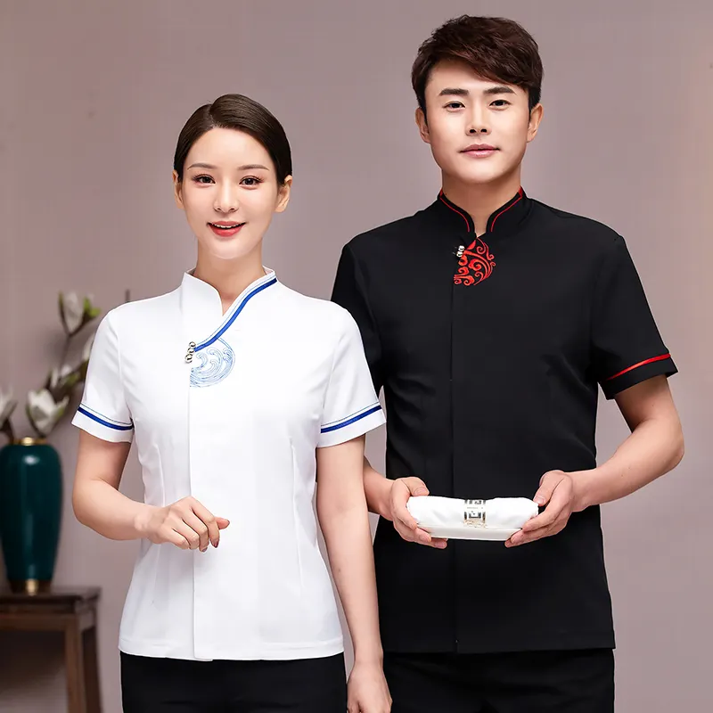 Bianco nero rosso classico ristorante uniforme per hotel per cameriere cameriera nuovo designer cinese ristorante cameriere uniforme