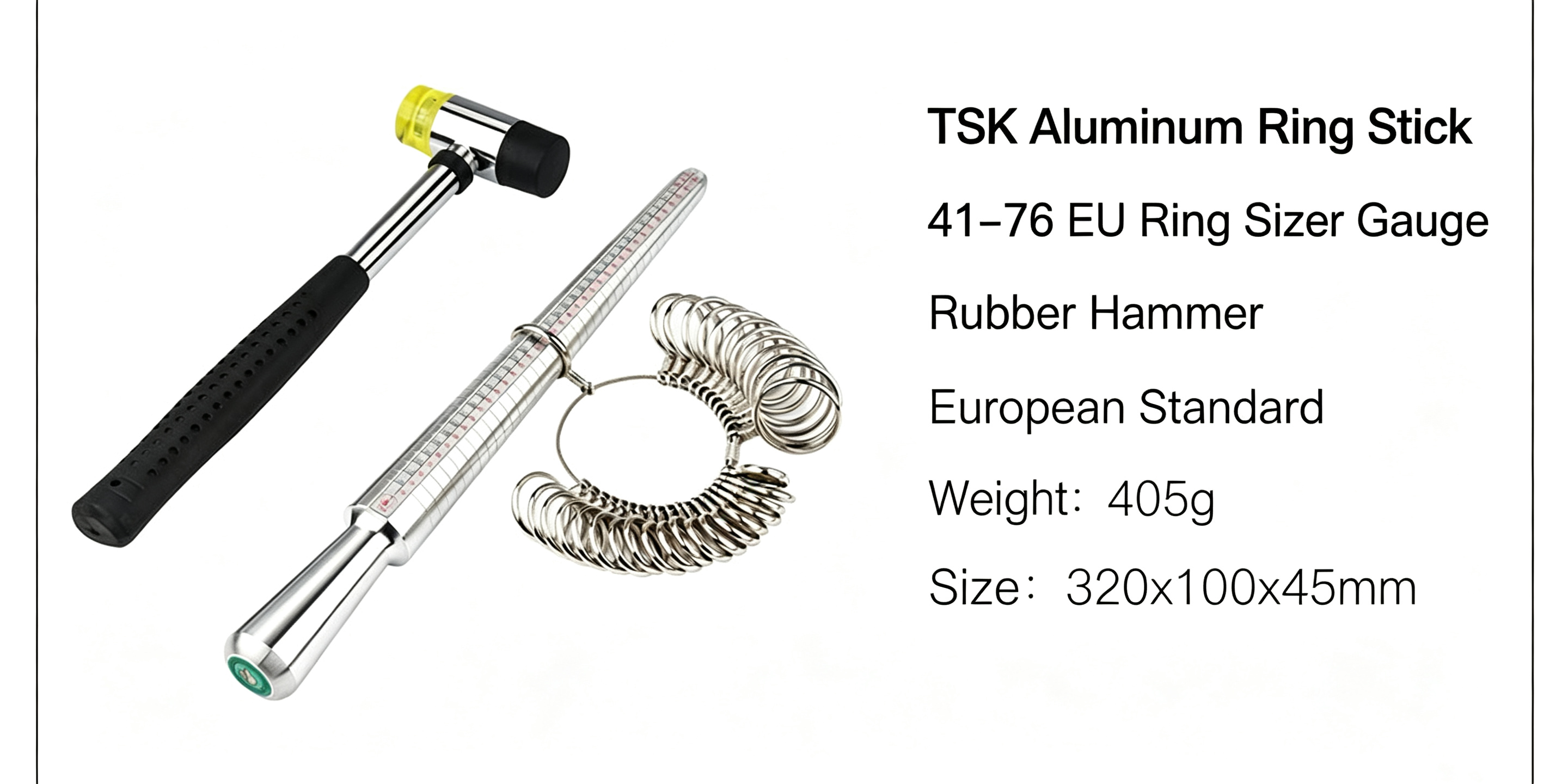 Ring Stick With 41-76 EU Ring Sizer Gauge And Rubber Hammer