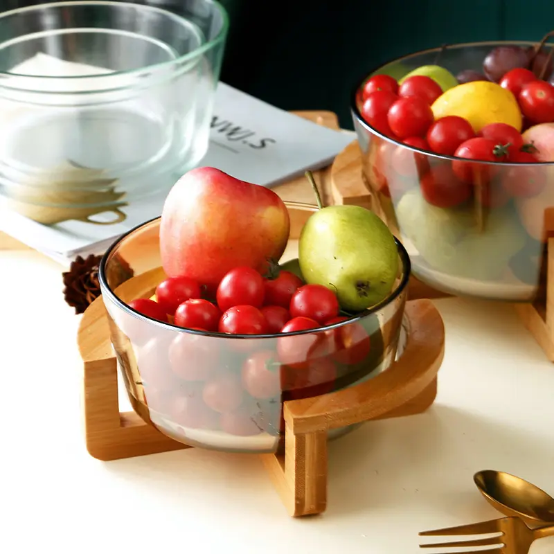 Bols à salade transparents créatifs pour la maison bol à fruits décoratif bol à mélanger en verre Borosilicate avec support en bois