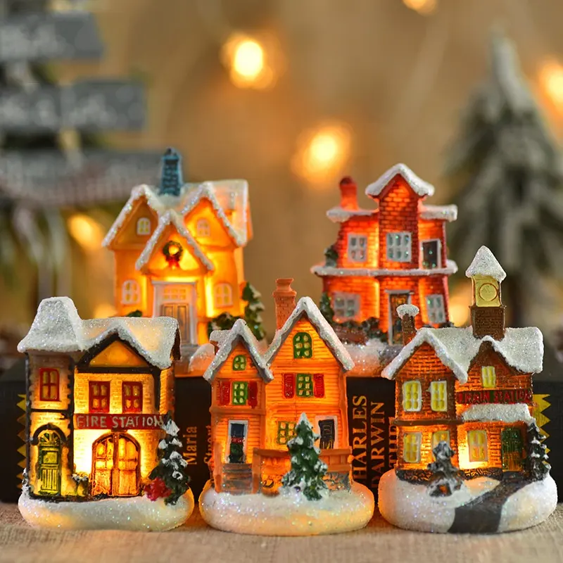 Resina De Natal Casas De Aldeia De Natal com LED Light Town Scene Figurines Decoração De Construção De Natal Interior