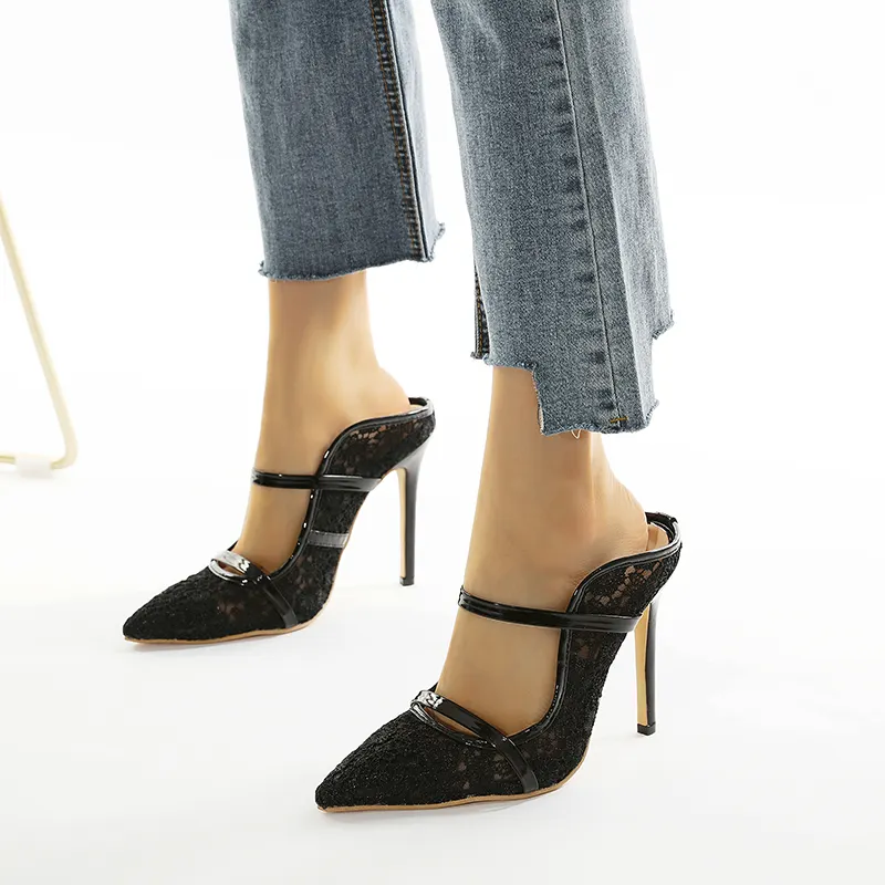 DEleventh-Sandalias de encaje con punta puntiaguda para mujer, zapatos de tacón alto formales de aguja, en color blanco y negro, talla grande 42