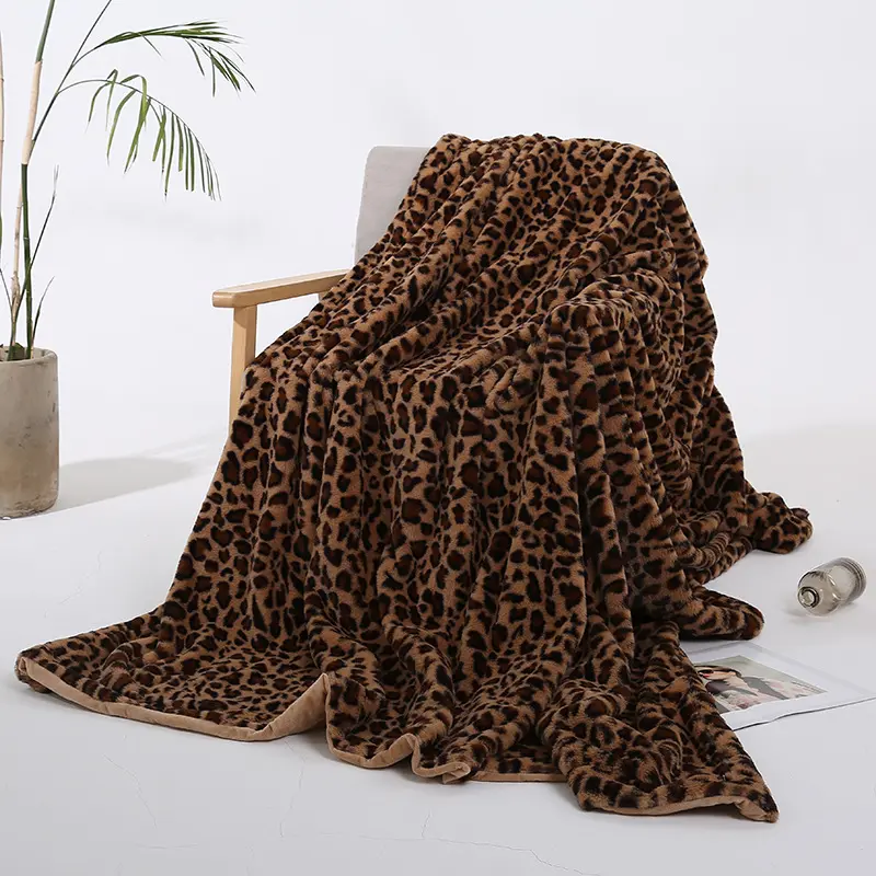 Leopardo Print Light Luxury Faux Fur Leather Rex Rabbit Velvet Sofá-cama de inverno Throws Blankets Cobertor de camada dupla espessado