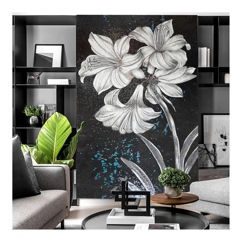 ZF personalizzato fiore grigio mosaico murale fiore backsplash piastrelle parete mosaico sfondo nero dai rifornimenti del mosaico di arte della cina