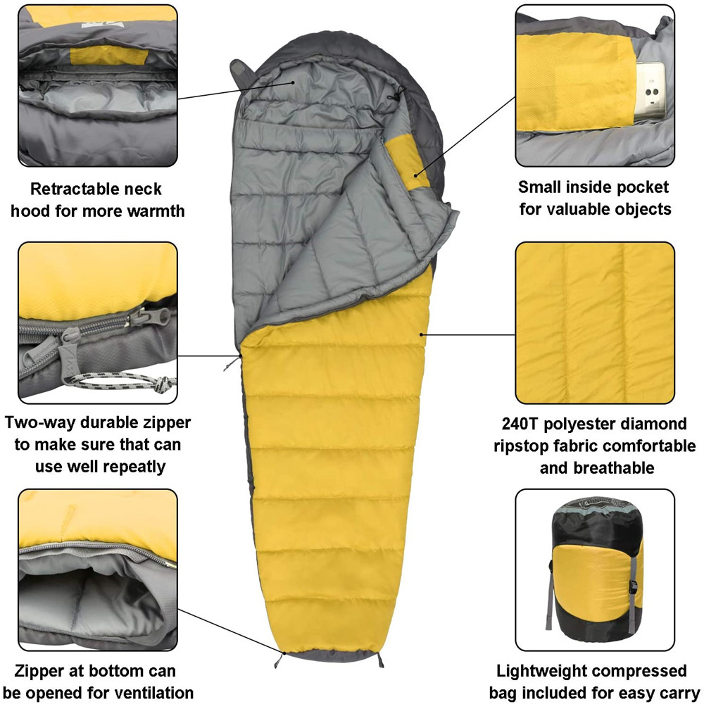 40D 240T Polyester Camping Sleeping Gear Comfort 3 Season Mummy Sleeping Bag 3