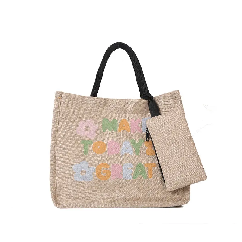 High quality Reusable Cotton Linen Burlap Tote Jute Shopping Bag Eco Friendly Tote Beach Bag With Logo printed and zip pouch