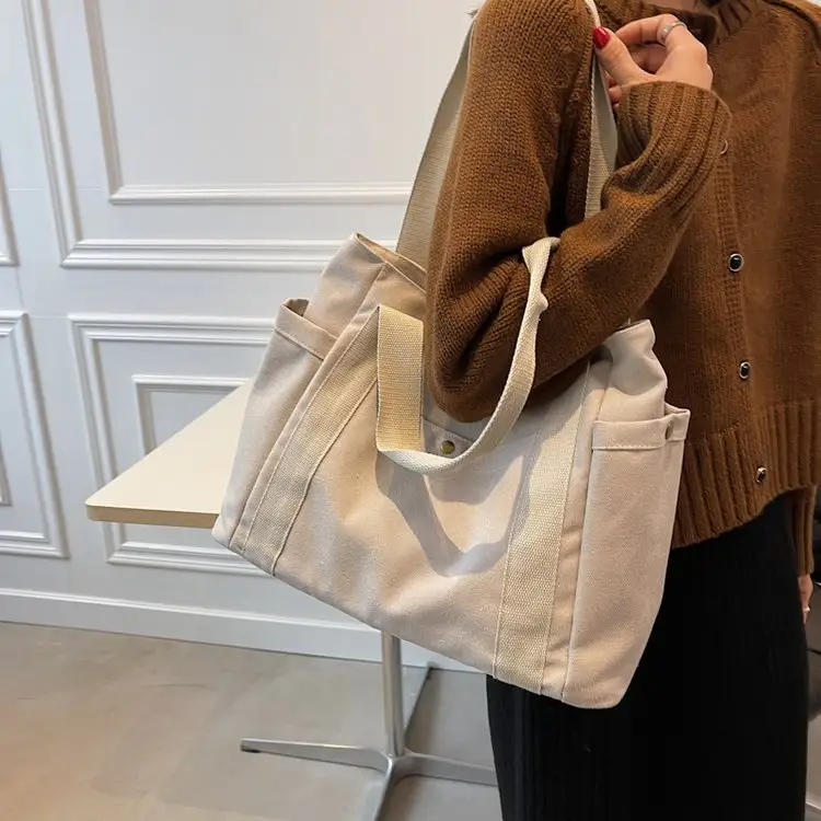 Conception simple dame décontracté épais toile sacs fourre-tout plaine blanc réutilisable sac à provisions épicerie sac à bandoulière femme fourre-tout sac à main