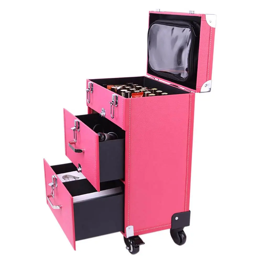 Multilayer rolling artist trolley beauty vanity leather travel makeup suitcase professional organizer with wheels with mirror