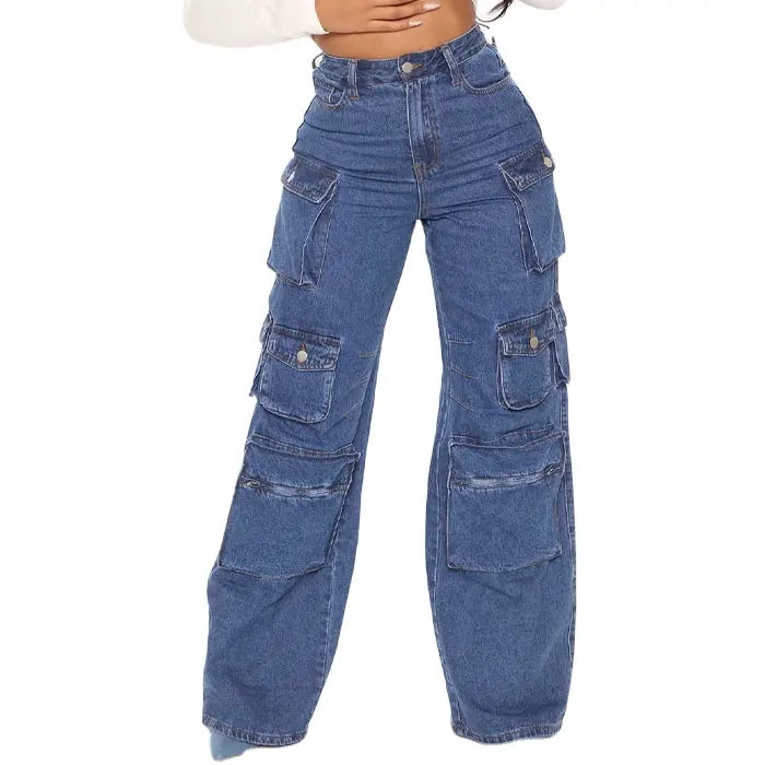 High Street Mujer Pantalones holgados de tiro alto multi bolsillos desteñido lavado Denim pierna ancha cargo jeans 100% algodón jeans