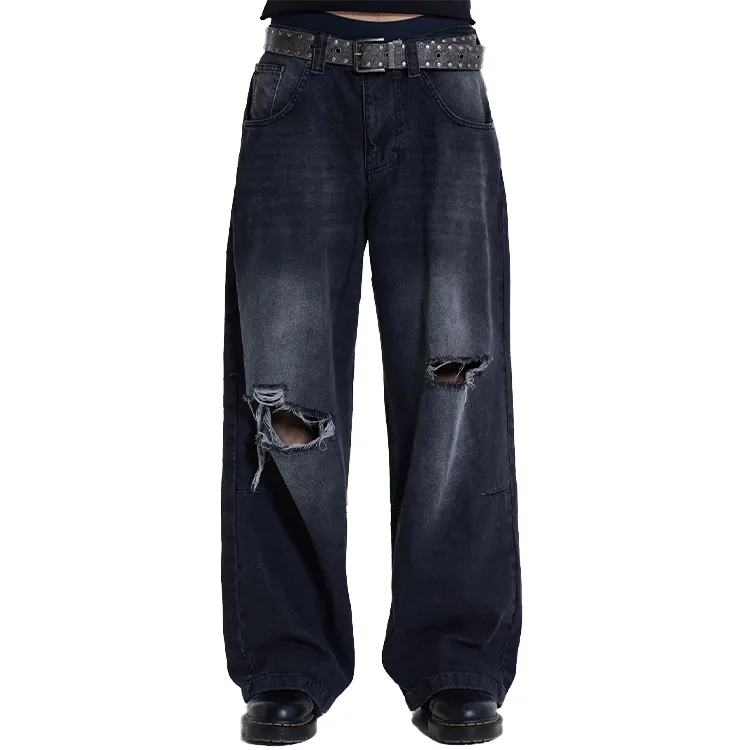 Wholesale Heavyweight Streetwear baggy Jeans Ripped Wash Black Jeans Fashion Hip Hop denim pants Wide Leg Men Jeans High Quality