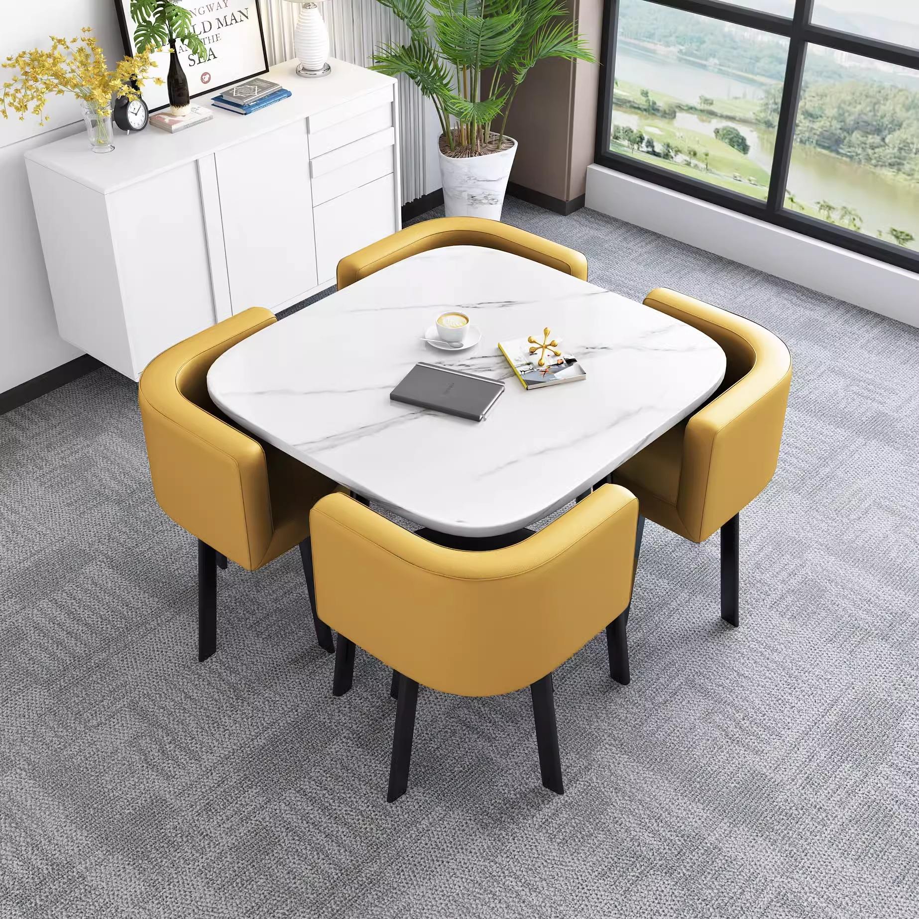 Imitación de piedra blanca raíz cubo Silla de cuero amarillo