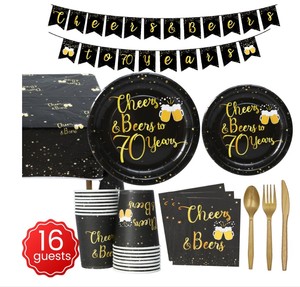 Black and <strong>Gold</strong> Party Disposable Tableware Kit <strong>Cheers</strong> &amp; Bless 30th Birthday Party Tableware Set Serves for 16 Guests - Product Image 5