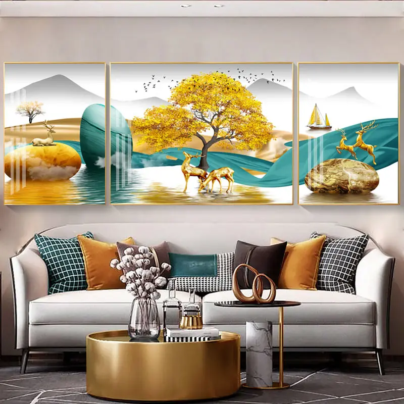 クリスタル磁器5dモダンで豪華な3パネルリビングルームの家の装飾大きな壁アートキャンバス絵画