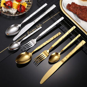 High-end Wedding Gold Cutlery Set Stainless Steel Hammer <strong>Pattern</strong> Handle Knife <strong>Fork</strong> <strong>Spoon</strong> Silverware Flatware Set - Product Image 2