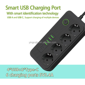 Regleta de alimentación europea al por mayor de fábrica con cargador USB, cable de extensión de 6 puertos, 4 salidas, toma de corriente móvil multifuncional - Product Image 5