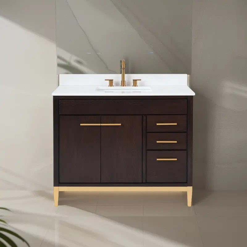 Novo Design Light Luxury Style Golden Handle Deep Dark Brown Banheiro Armário Com Mármore Artificial Top 36 polegadas Vanity Banheiro