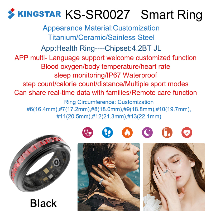 สีดำ- Kingstar- SR0027-AI สุขภาพ-การนอนหลับ-ฟิตเนส-แหวนอัจฉริยะ
