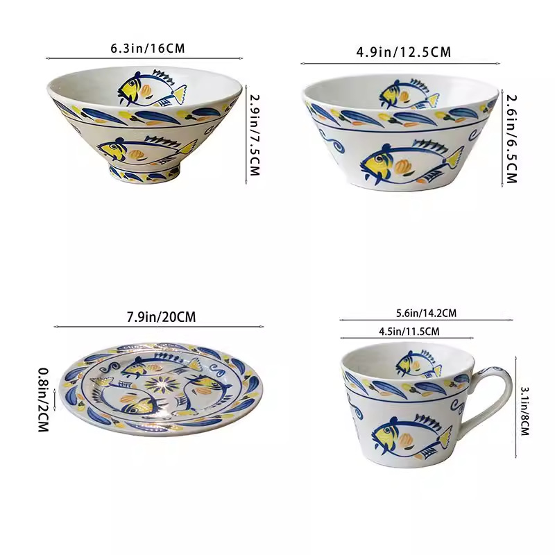 Yellow croaker pattern-bowl-plate-noodle-bowl and cup-one each