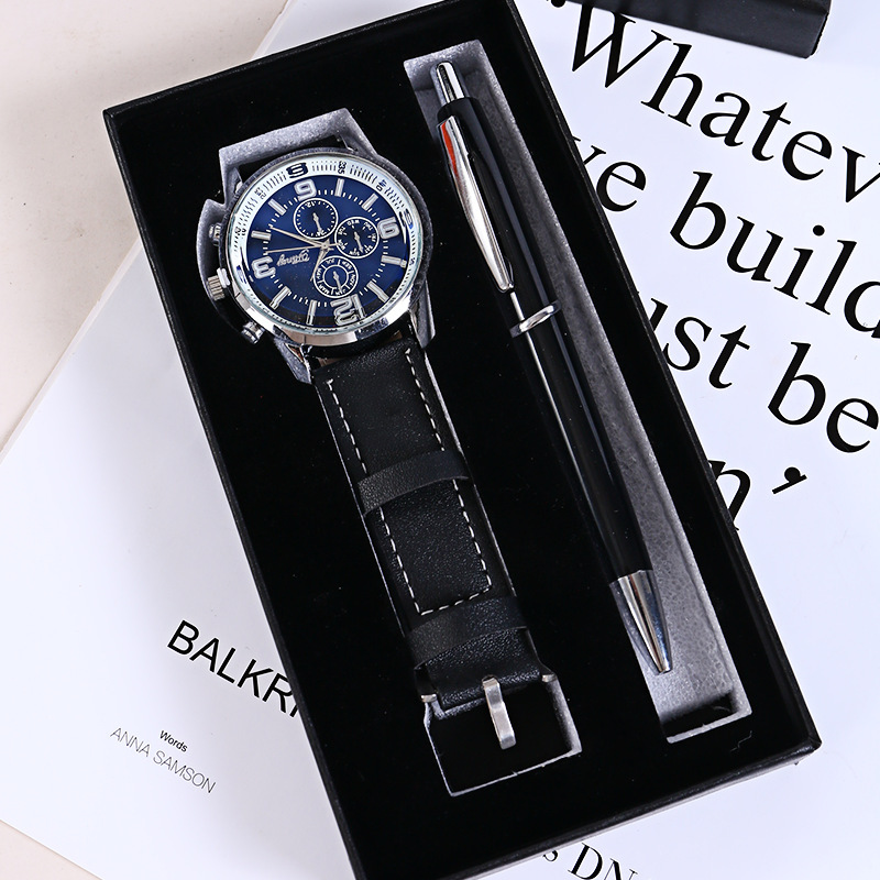 Set de 3 piezas en color negro (reloj + bolígrafo + caja de regalo)
