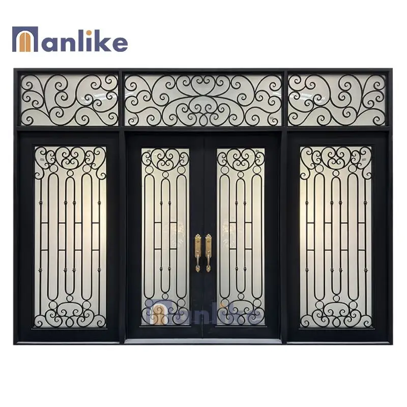 Proveedores de puertas de hierro Anlike, entrada de seguridad doble, puerta delantera de hierro forjado para madre e hijo de 60x80 pies con paneles laterales