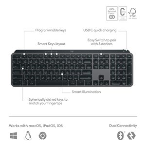 Teclado inalámbrico iluminado Logitech MX Keys con Bluetooth USB C para Apple macOS Microsoft Windows Linux iOS Android - Product Image 4