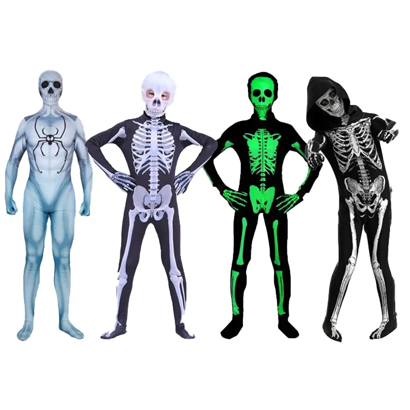 Disfraz de Halloween de hueso de hombre espeluznante que brilla en la oscuridad traje de Cosplay de calavera esqueleto luminoso Kigurumi mono con guantes