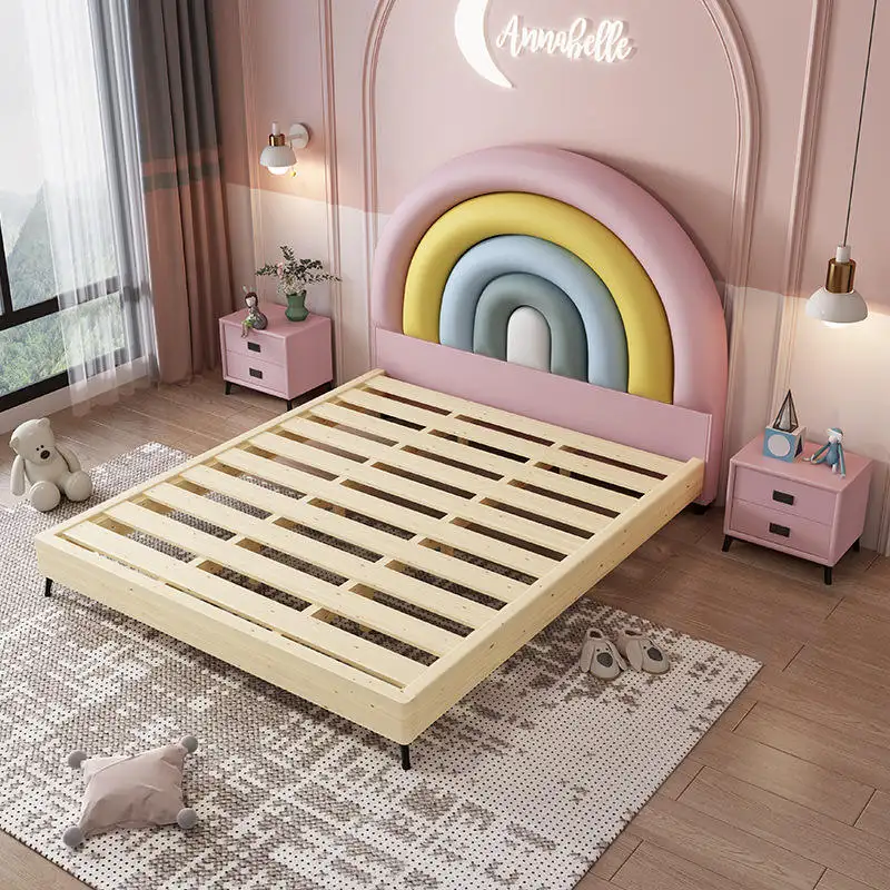 Cama infantil arco-íris grande promoção, conjunto de cama de princesa para casa, design agradável, rosa, mobiliário para crianças, camas