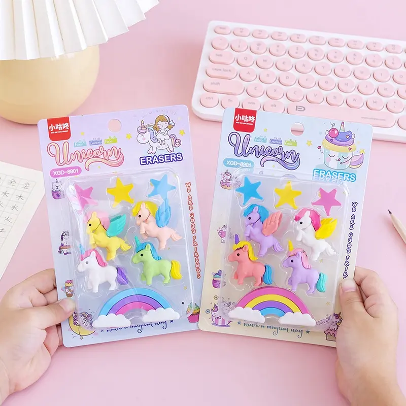 Dibujos animados de vuelta a la escuela niños regalos lindo 3D Arco Iris unicornio borrador conjunto para niños