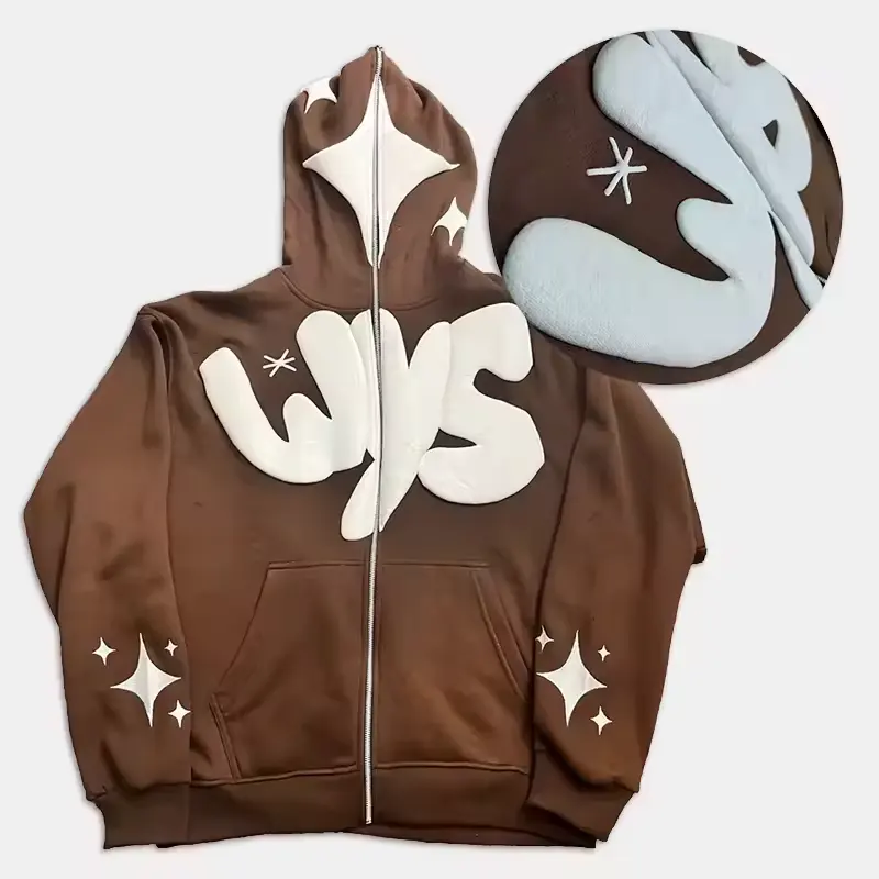 Custom logo y2k full zip up puff printing hoodies men streetwear high quality oversized heavyweight cotton hoodie men