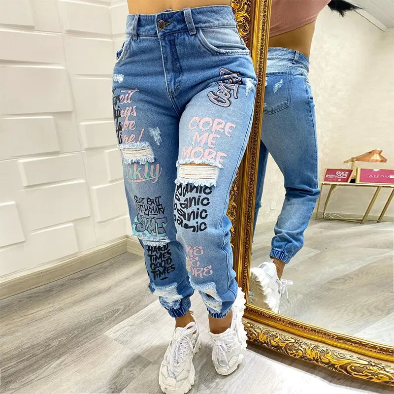 2024 New Y2K Trendy Plus Size Slim Fit Letter Printed Slant Pocket Ripped Jeans Casual Sweatpants Women Pencil Denim Jeans Pants