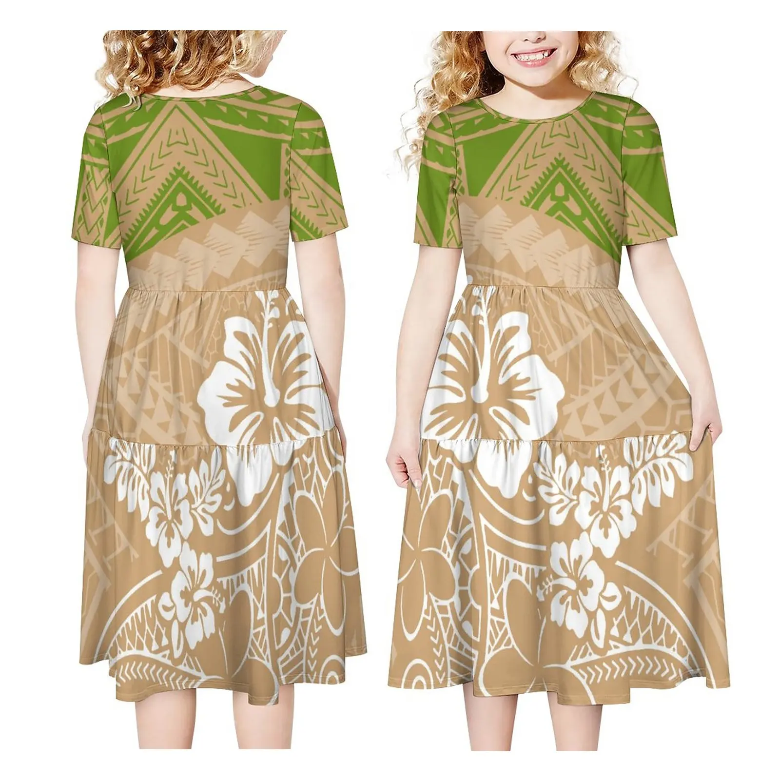 Nuovi arrivi 2023 abbigliamento per bambini estate manica corta stampa floreale tropicale abito da principessa abito polinesiano hawaii per ragazza