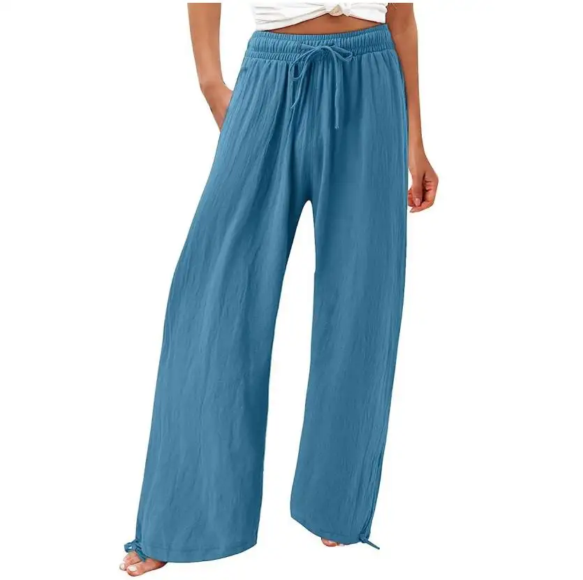 2024 Europa mujeres moda verano algodón Lino Color sólido cintura alta suelta pierna ancha pantalones de playa pantalones casuales pantalones largos