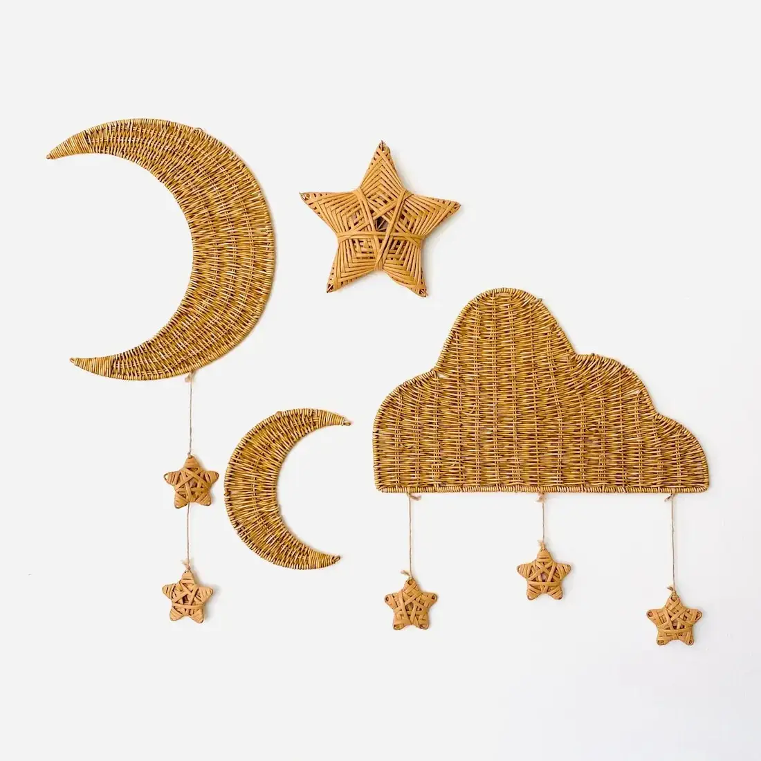 Preço barato rattan natural parede decoração adesivos para crianças lua nuvem estrela pendurado adesivo conjunto