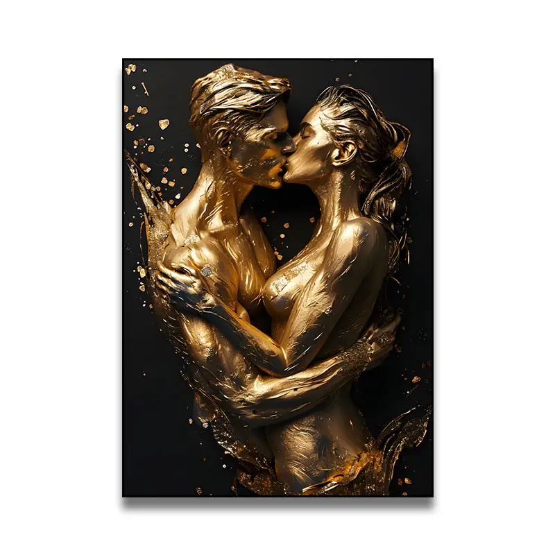 Golden Kissing Pareja Escultura Arte Decoración Pintura Luz moderna Lujo Arte de la pared Dormitorio Pintura con marco