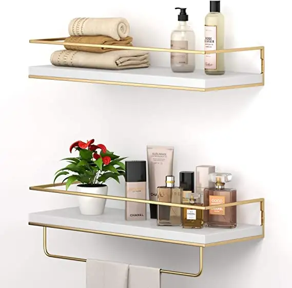 Hot Sale Floating Shelves Set of 2 Wall Mounted Hanging Shelves with Golden Towel Rack Decorative Storage Shelves for Bathroom