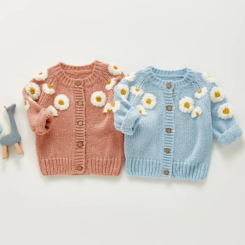 Suéter de manga larga bordado a mano para bebé, top de margaritas, flores, otoño