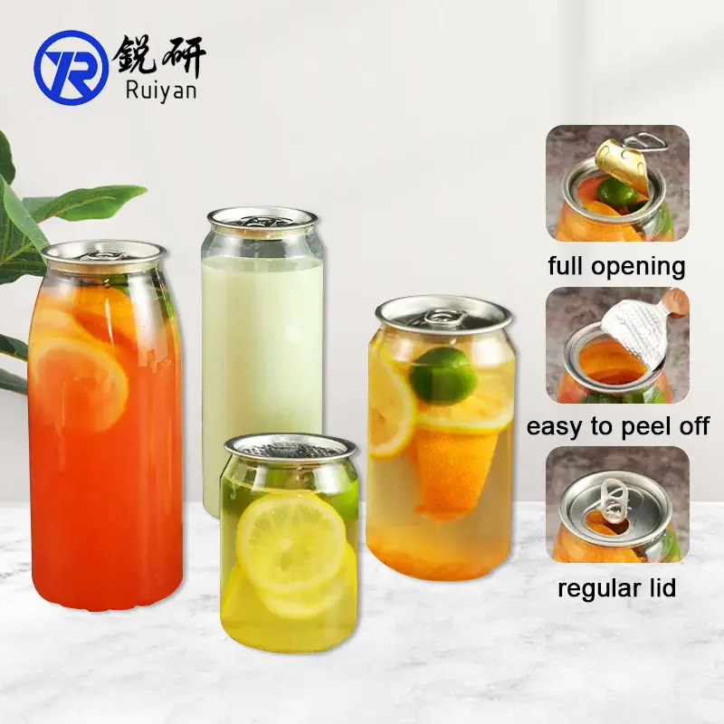 Popular Beverage Bottle Transparent PET Plastic Aluminum Customized Pet Can Plastic Drink Cans with Aluminum Caps